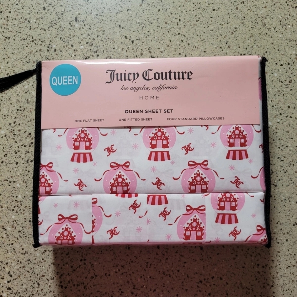 Juicy Couture 6 Piece Queen Sheet Christmas Snowglobe JC Monogram Bows Print Y2K